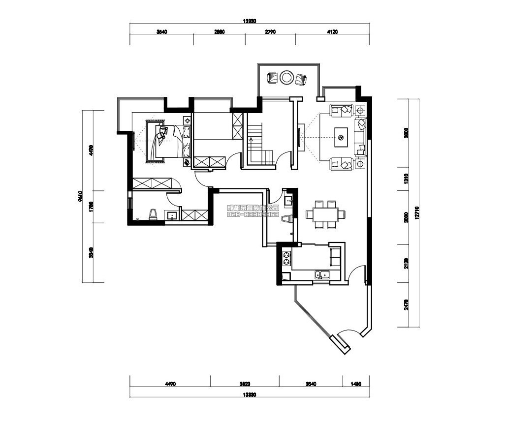 簡歐套三住宅家具布置平面設(shè)計圖